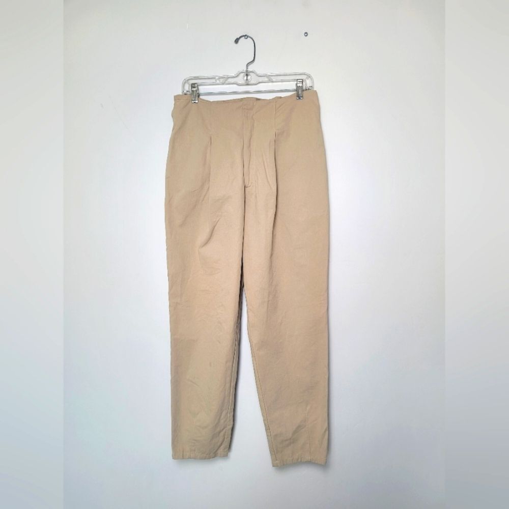 Mo:Vint High Rise Straight Leg Pants Cotton Tan Beige Khaki Large Minimalist